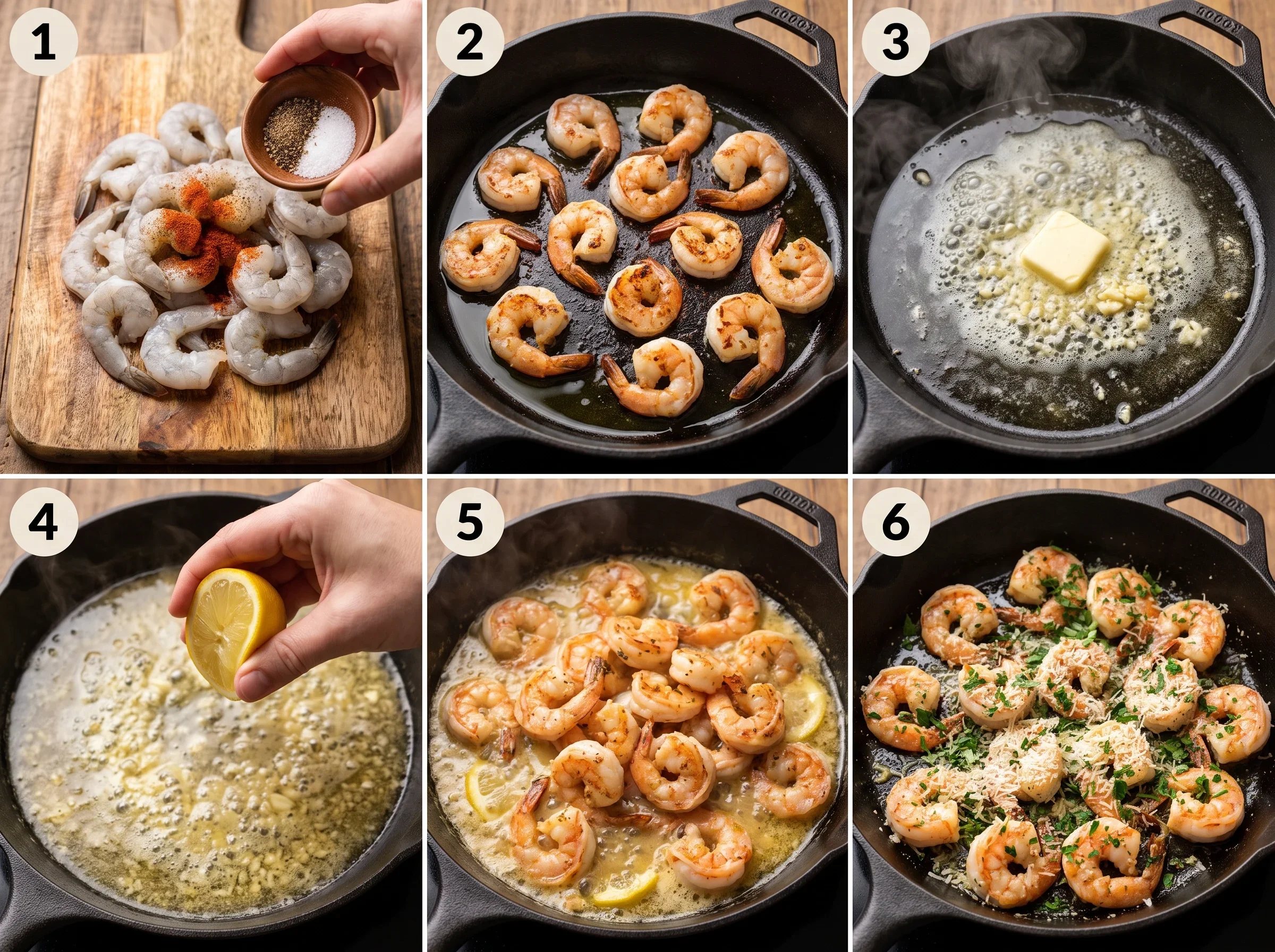 Garlic Parmesan Shrimp Cooking Steps Step-by-step images showing shrimp being seasoned, cooked, and served in a skillet.