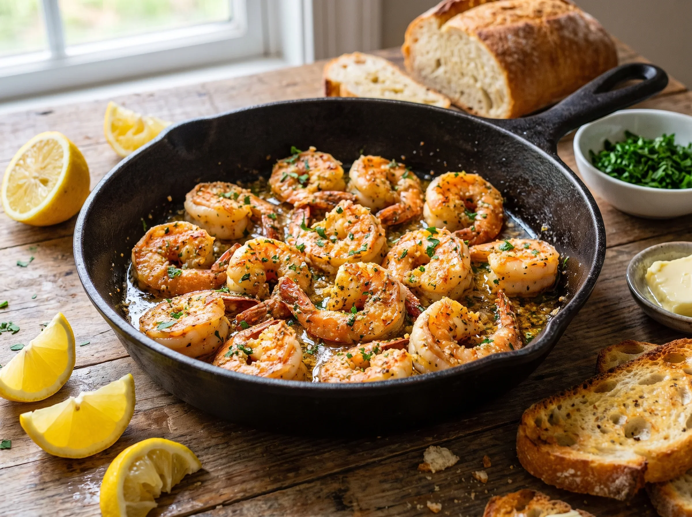 Garlic Parmesan Shrimp Skillet Delicious shrimp cooked in garlic butter and Parmesan sauce in a skillet.