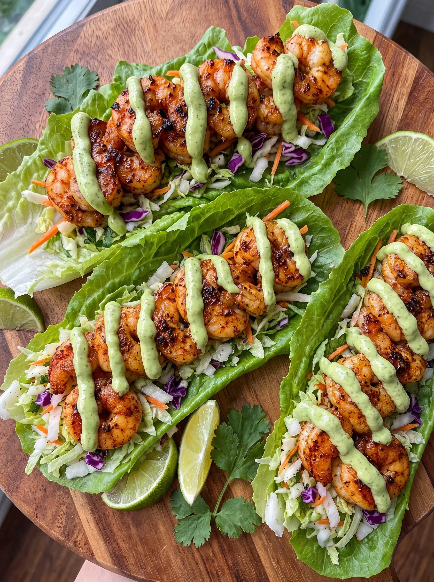 Delicious shrimp lettuce wraps with colorful slaw and creamy sauce on a wooden platter