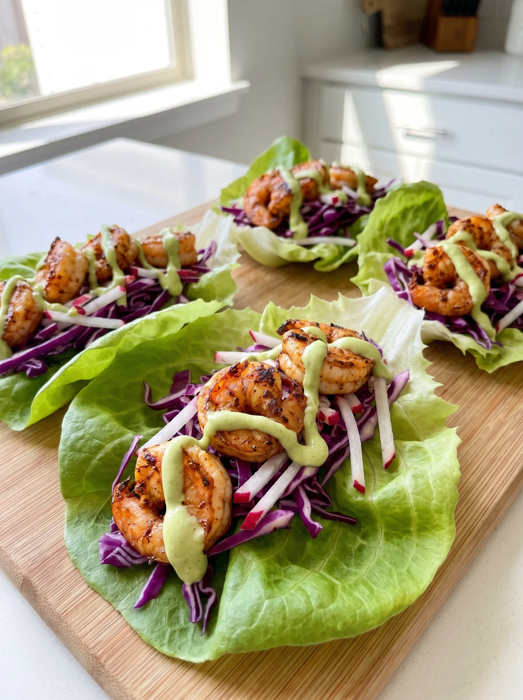 Delicious shrimp lettuce wraps with vibrant slaw and creamy avocado-sriracha sauce.