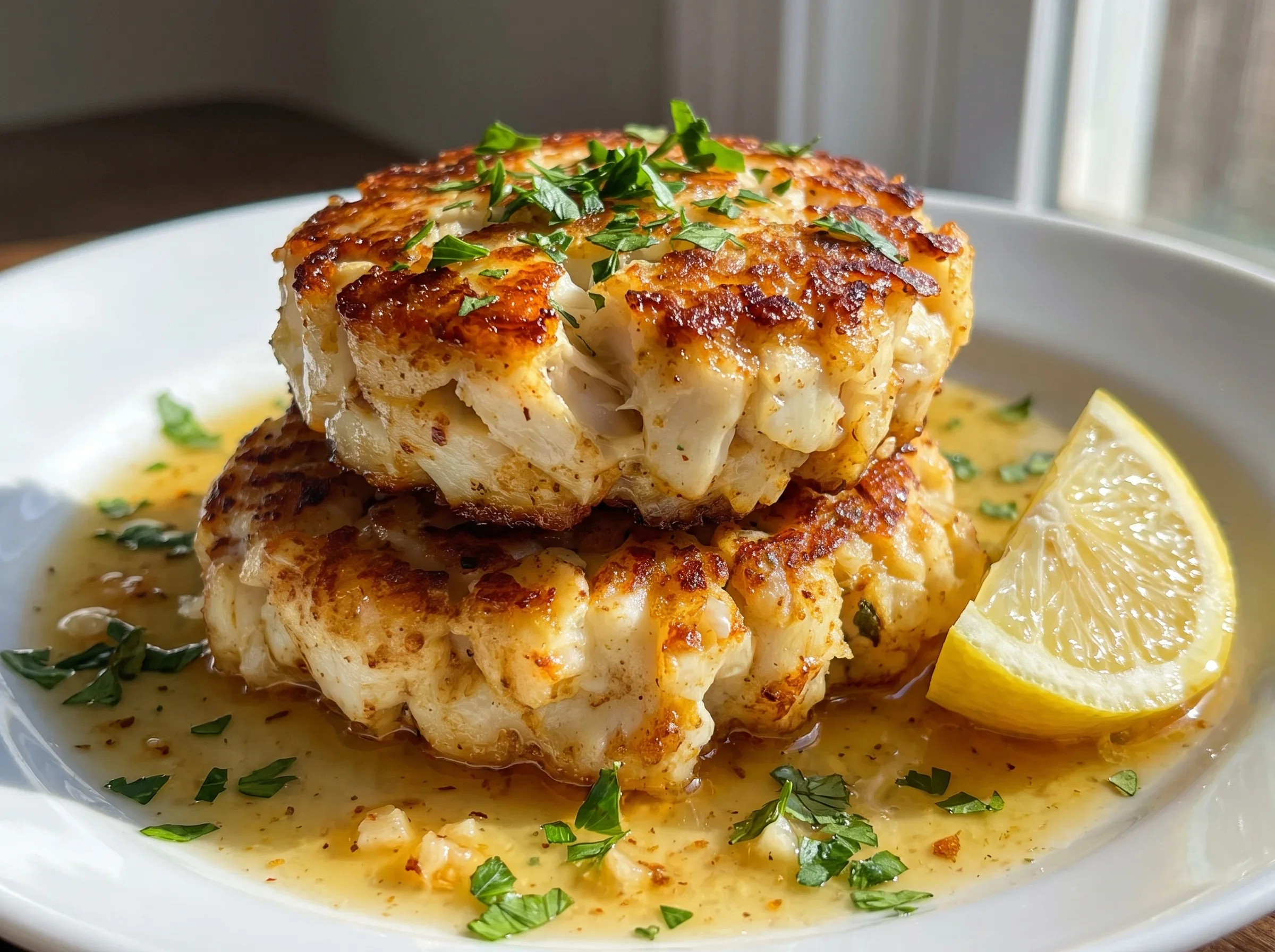 Close-up of crispy, golden crab cakes topped with chopped herbs on a white plate.