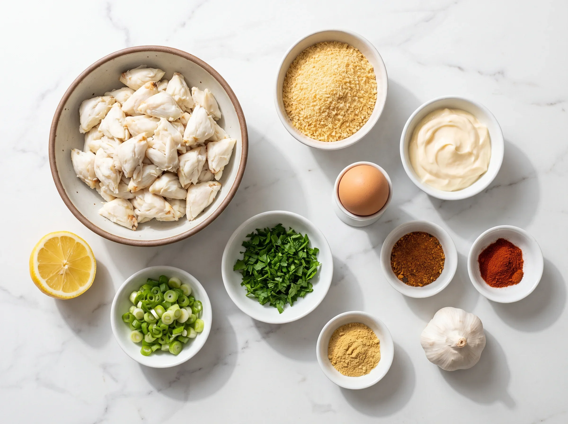 Ingredients for crab cakes including crab meat, lemon, garlic, and spices.