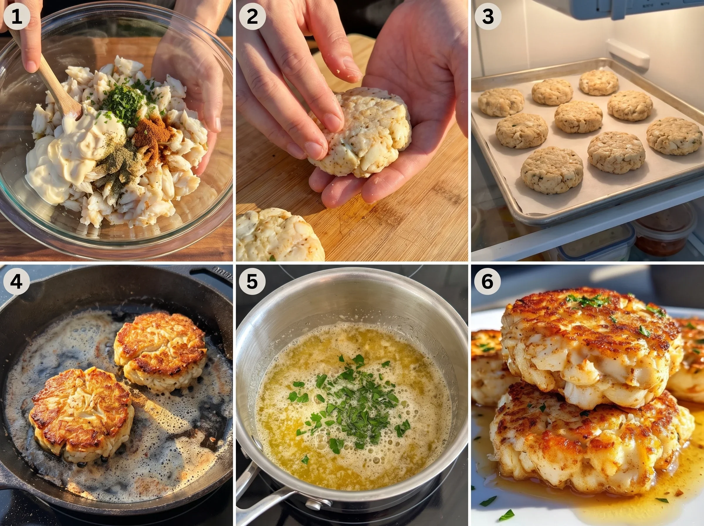Step-by-step photos of preparing, frying, and serving crab cakes with lemon butter.