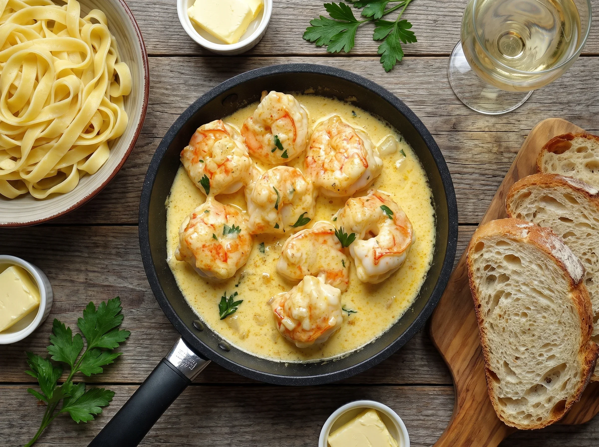 Creamy Garlic Shrimp Skillet Tender shrimp in a creamy garlic sauce served in a skillet with bread and pasta