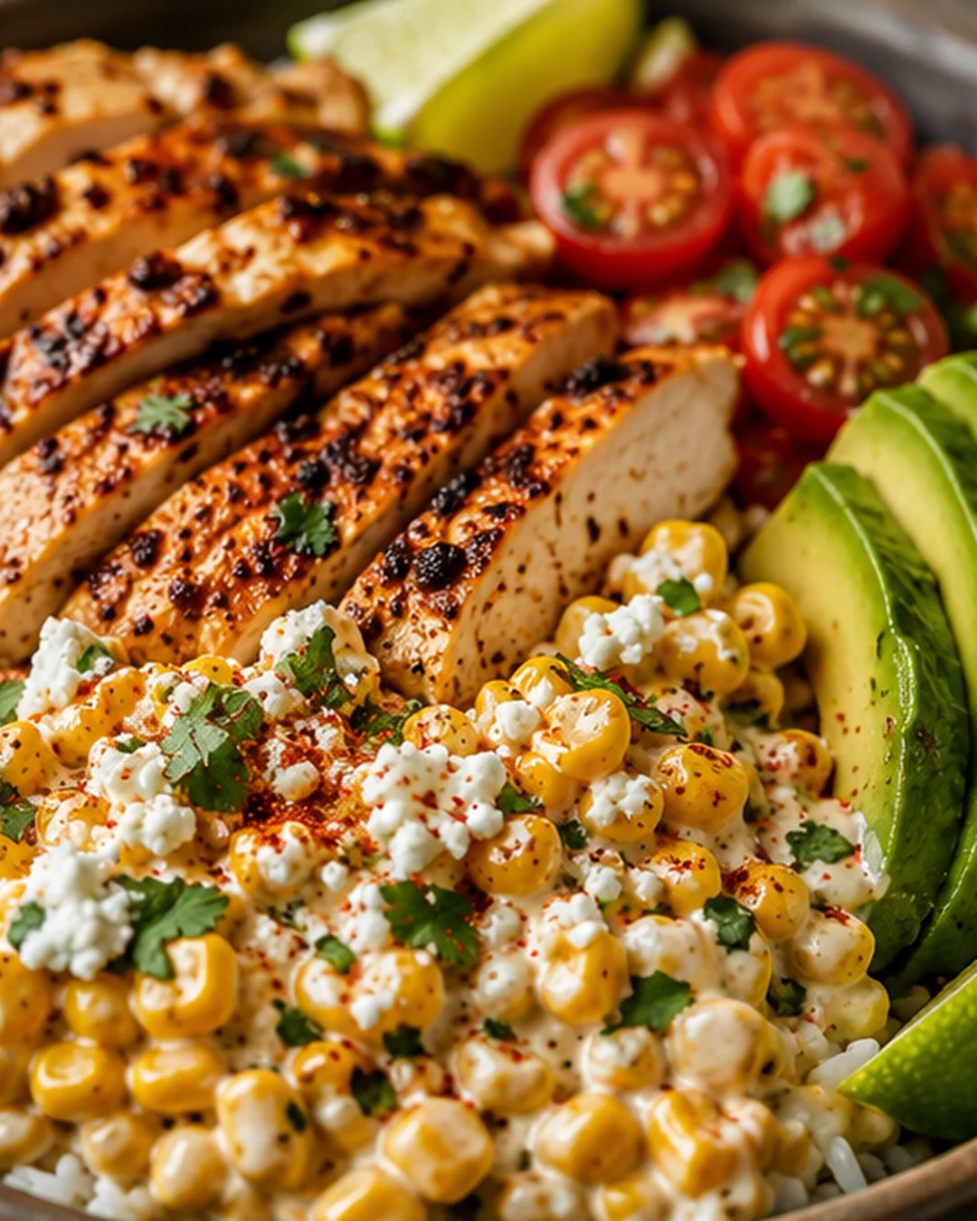 Colorful bowl featuring grilled chicken, charred corn, cherry tomatoes, and avocado slices.