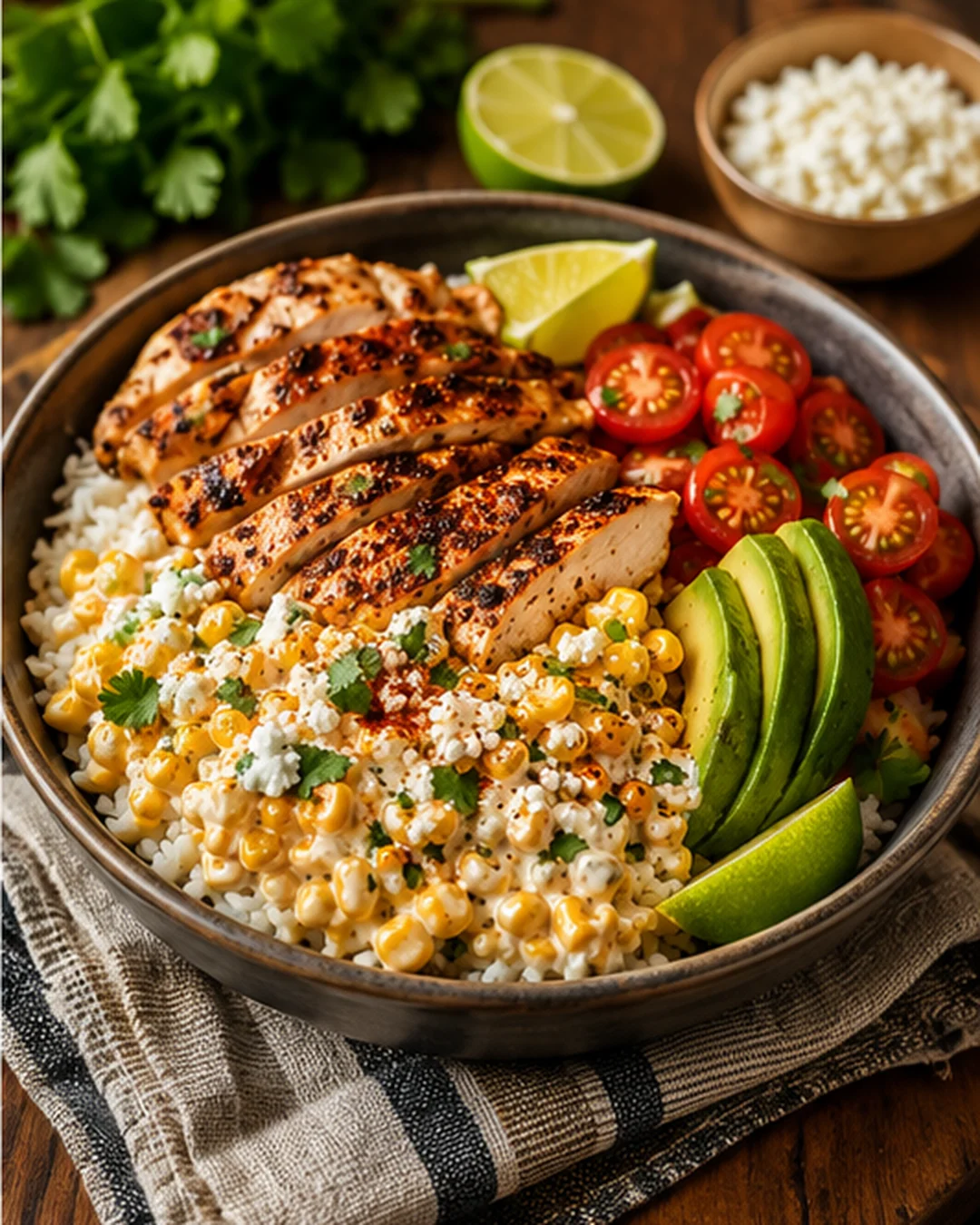 Colorful chicken bowl with corn, tomatoes, avocado, and lime slices