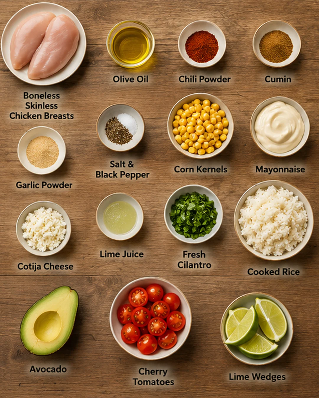 Ingredients for flavorful Mexican street corn chicken rice bowl on wooden surface