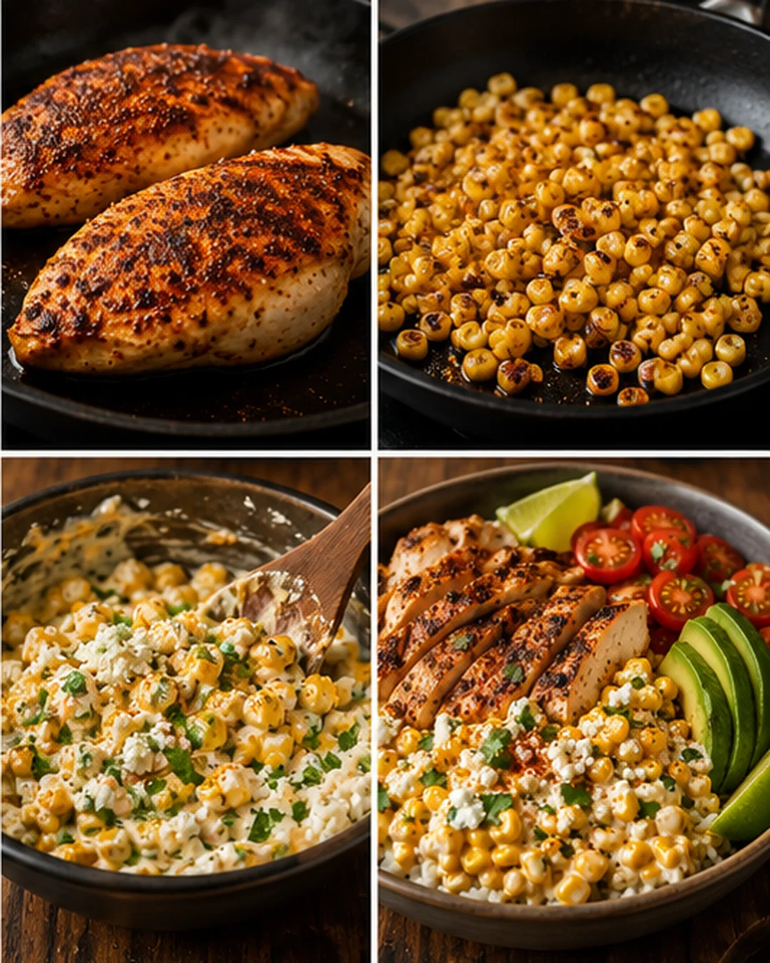 Delicious and vibrant Mexican street corn chicken rice bowl with grilled chicken and toppings