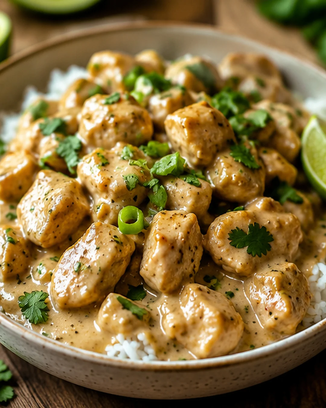 Delicious coconut lime chicken served over rice garnished with cilantro and lime.