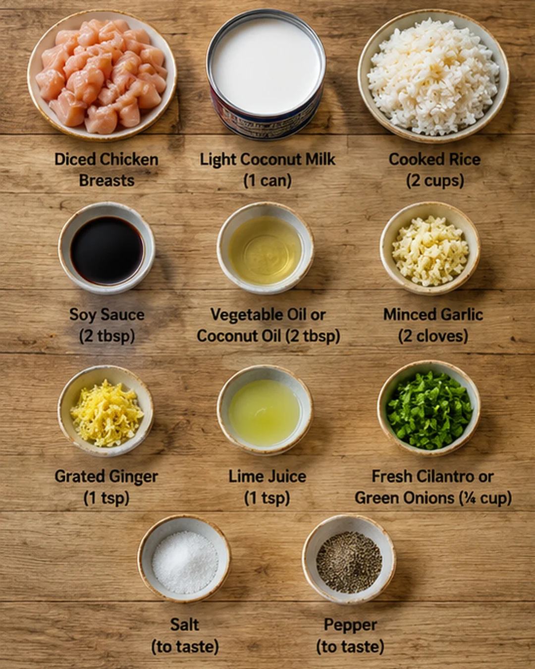 Ingredients for tropical coconut chicken bowl laid out on a wooden surface.