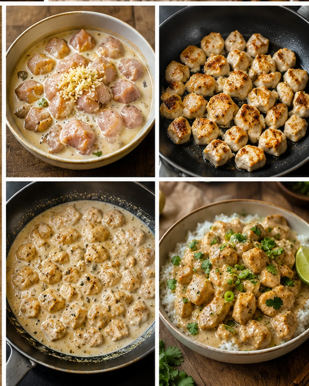 Step-by-step images of preparing a tropical coconut lime chicken rice bowl