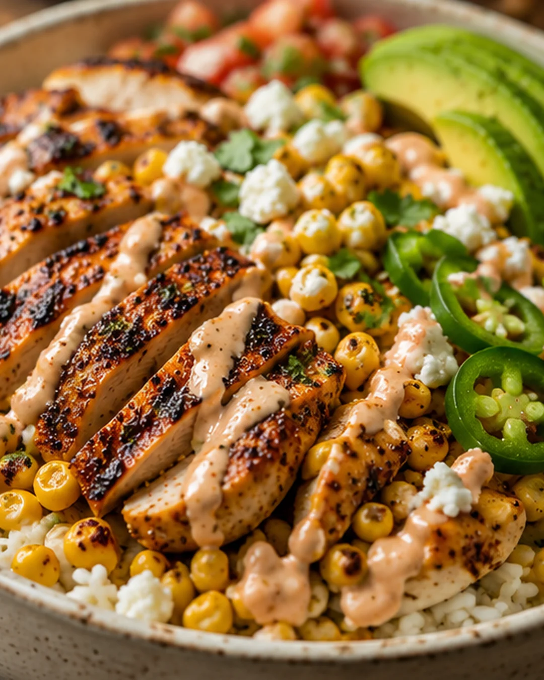 Close-up of a flavorful street corn chicken rice bowl with grilled chicken and avocado