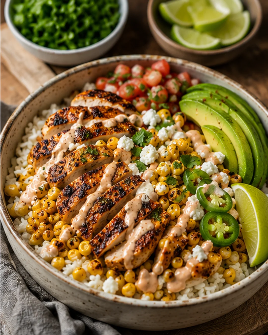 Colorful rice bowl topped with grilled chicken, corn, sliced avocado, and fresh toppings.