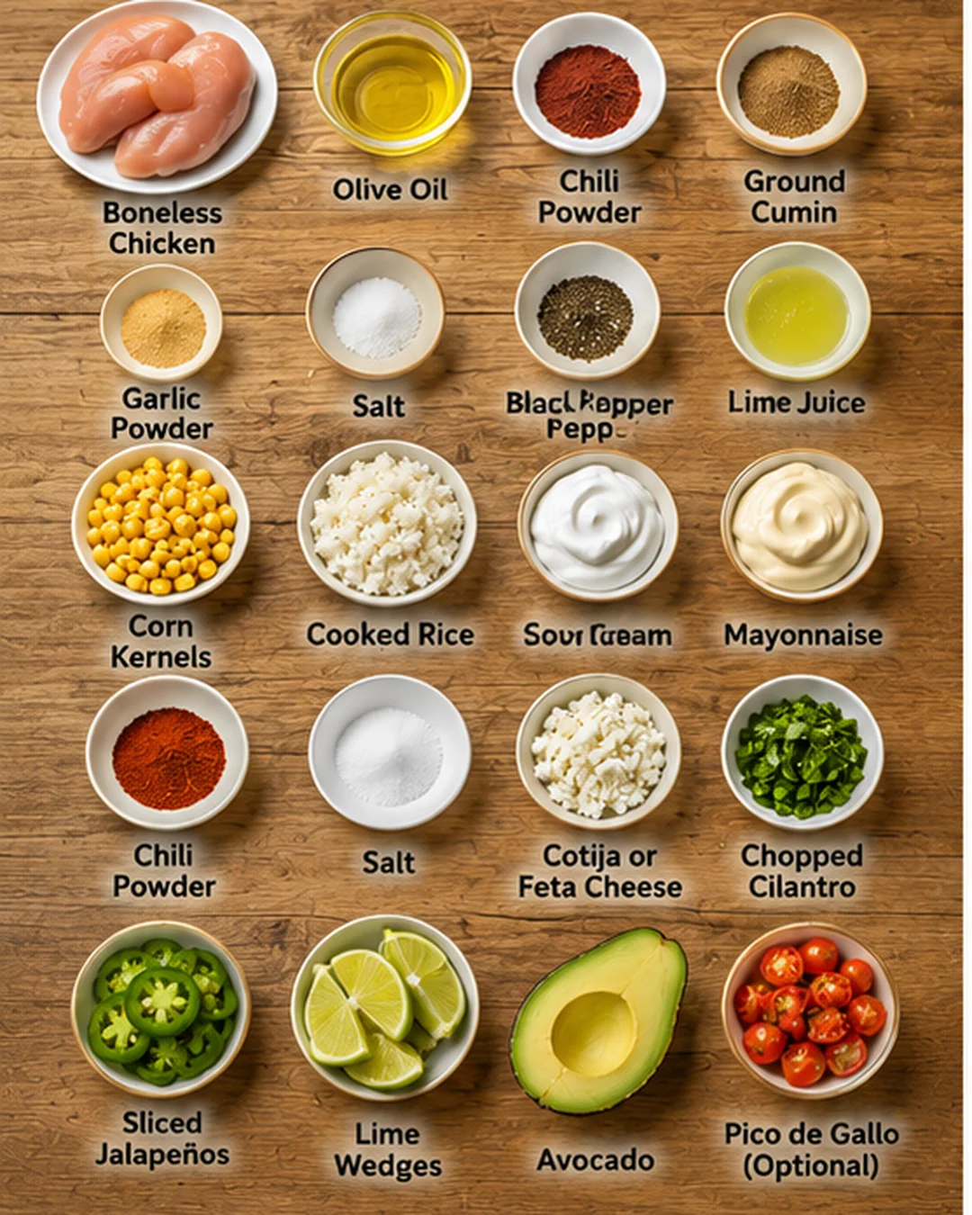 Bowls of fresh ingredients like chicken, corn, lime, and spices displayed on a wooden surface.