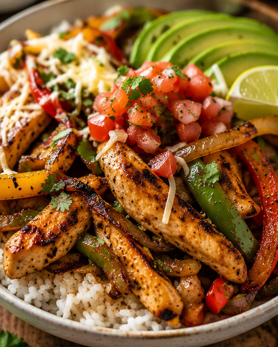 Colorful chicken fajita rice bowl with grilled chicken, peppers, onions, and toppings
