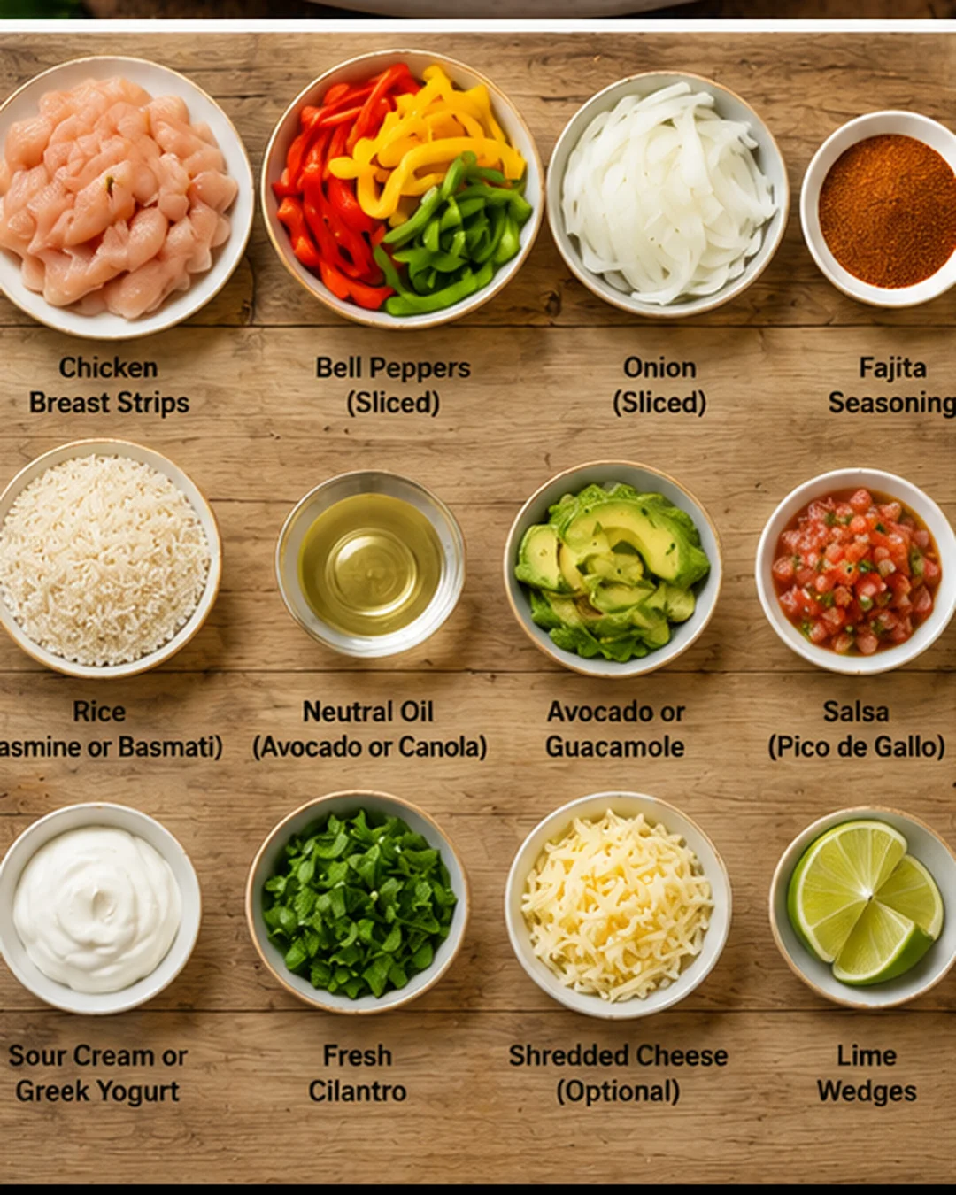 Assorted colorful ingredients for chicken fajita rice bowls on wooden surface.