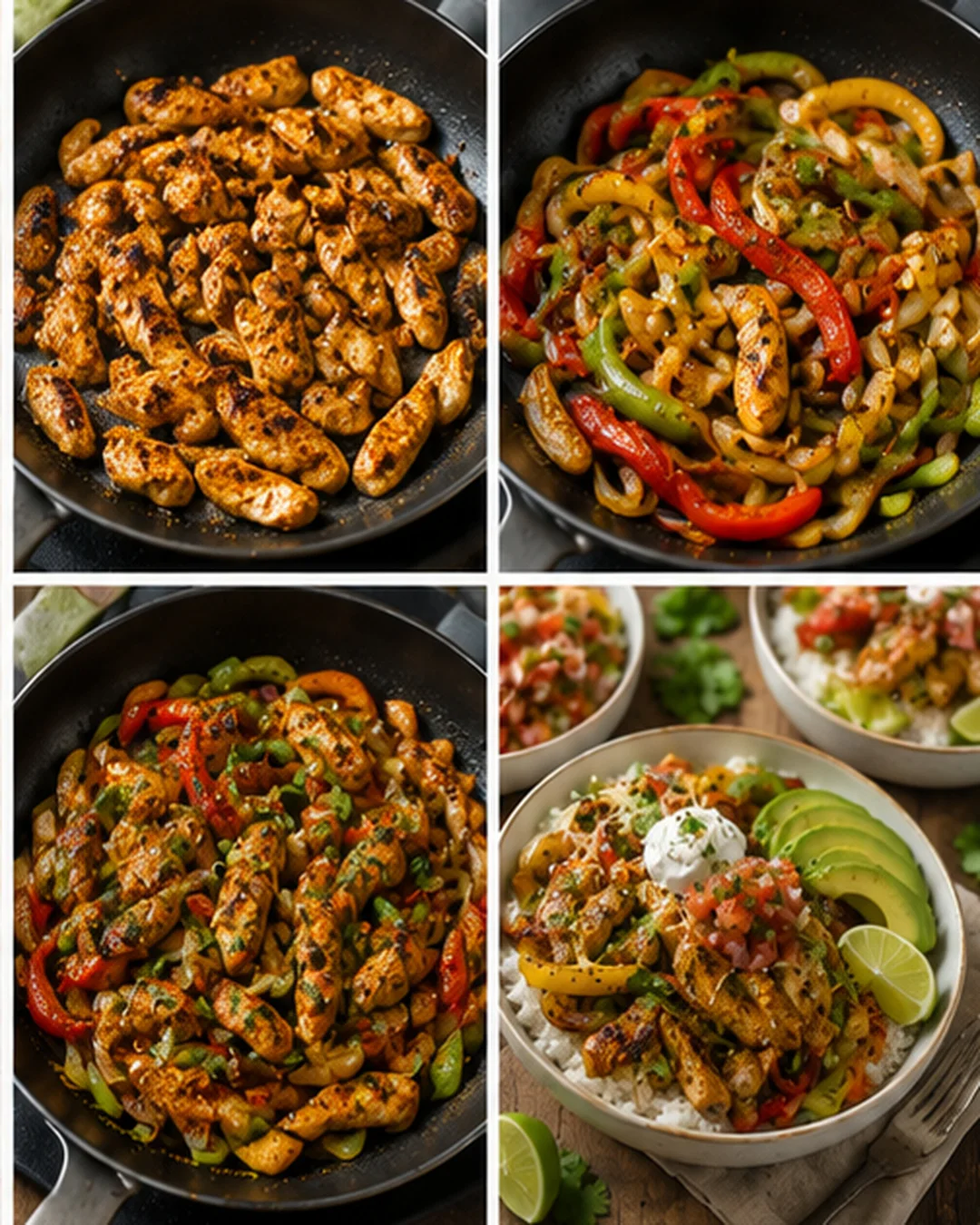 Colorful chicken fajita rice bowls with peppers, onions, and toppings