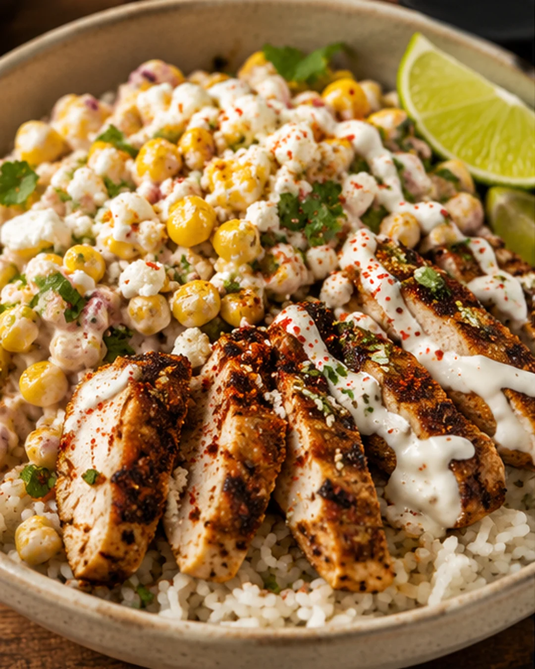 Delicious Mexican street corn chicken bowl with grilled chicken, corn, and lime slices