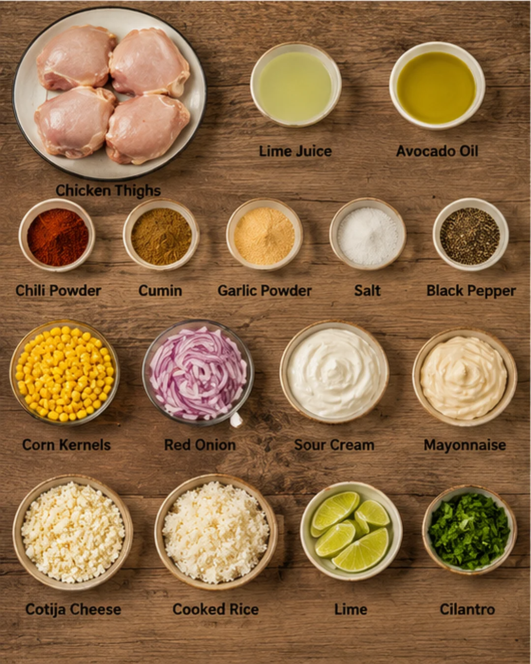 Fresh chicken thighs, spices, lime, and corn on a wooden surface.