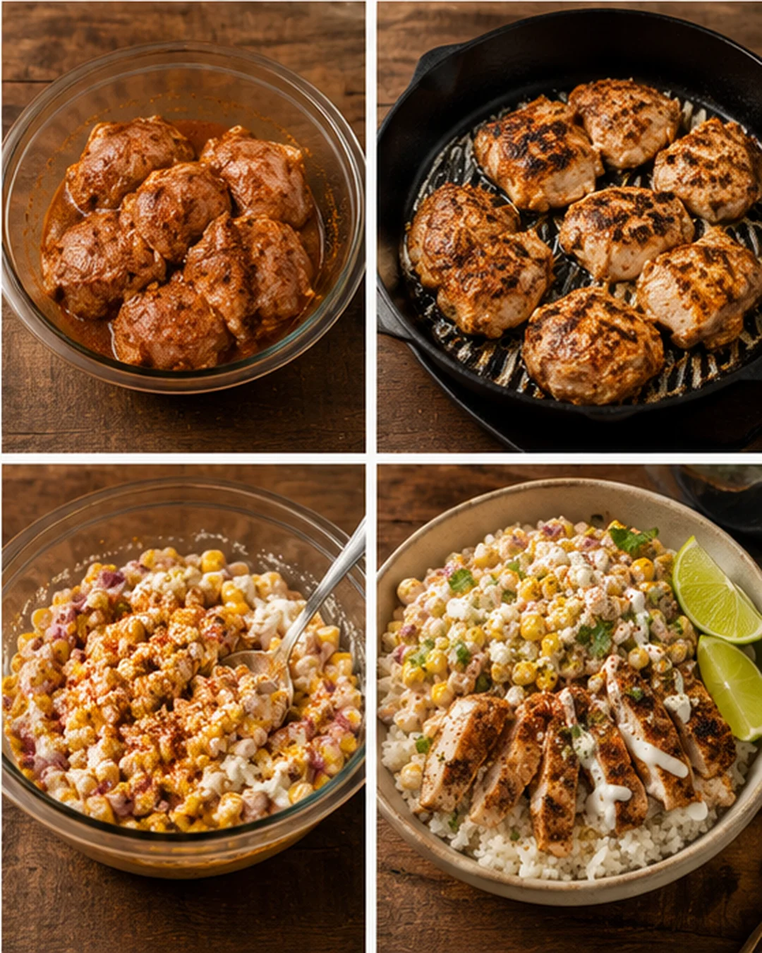 Colorful bowl with grilled chicken, corn, cheese, and rice garnished with lime and cilantro