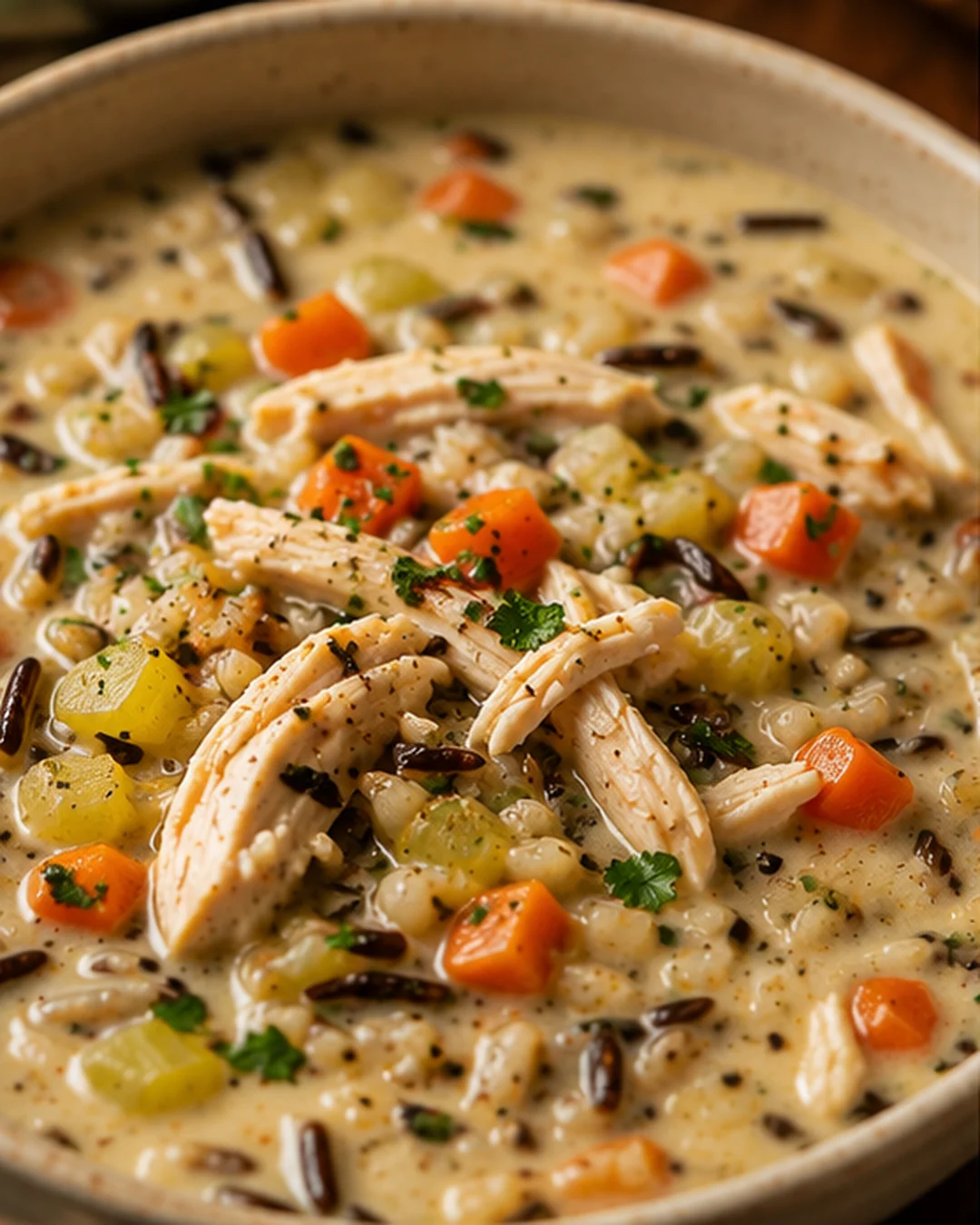 Creamy chicken and wild rice soup with vegetables and herbs in a bowl