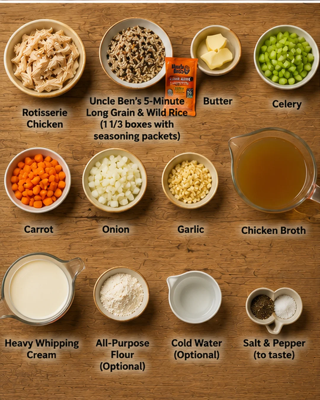 Ingredients for homemade Panera-style chicken and wild rice soup on a wooden table.