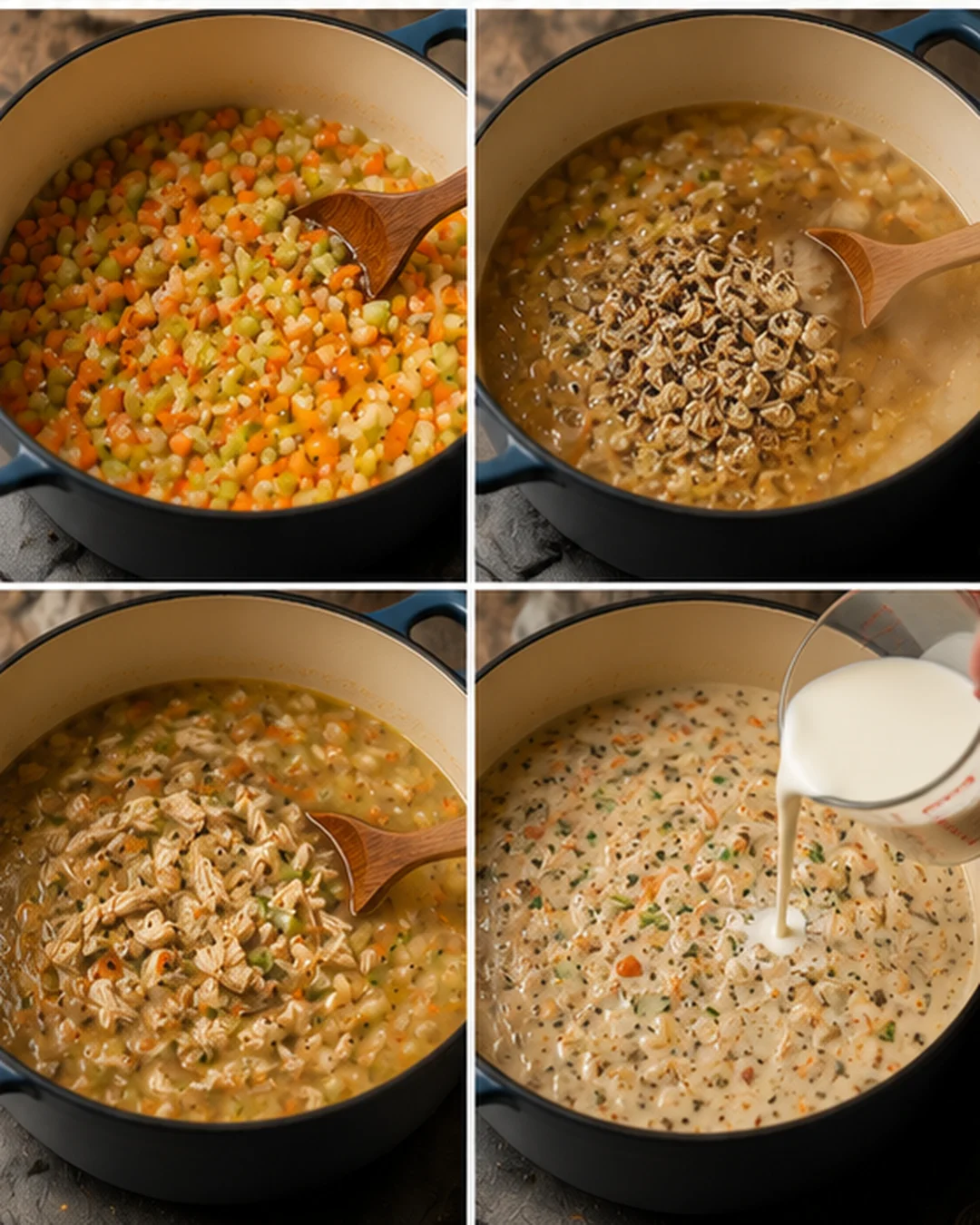 Step-by-step process of making creamy chicken and wild rice soup from scratch.