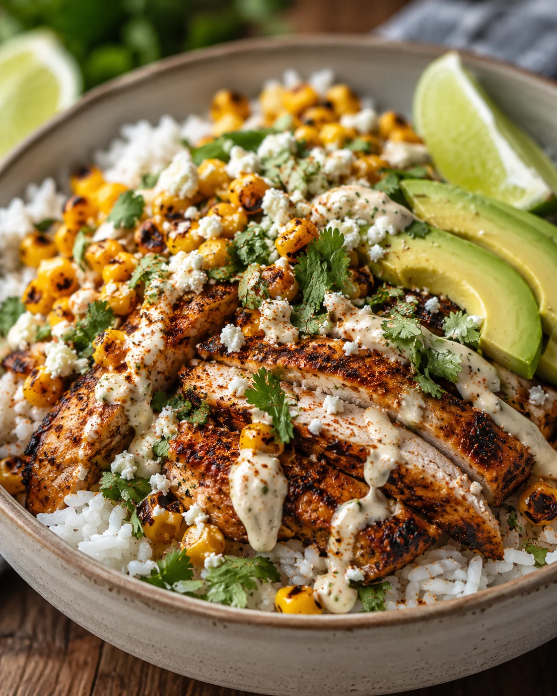 Delicious bowl with grilled chicken, smoky corn, rice, and lime crema topped with cheese.