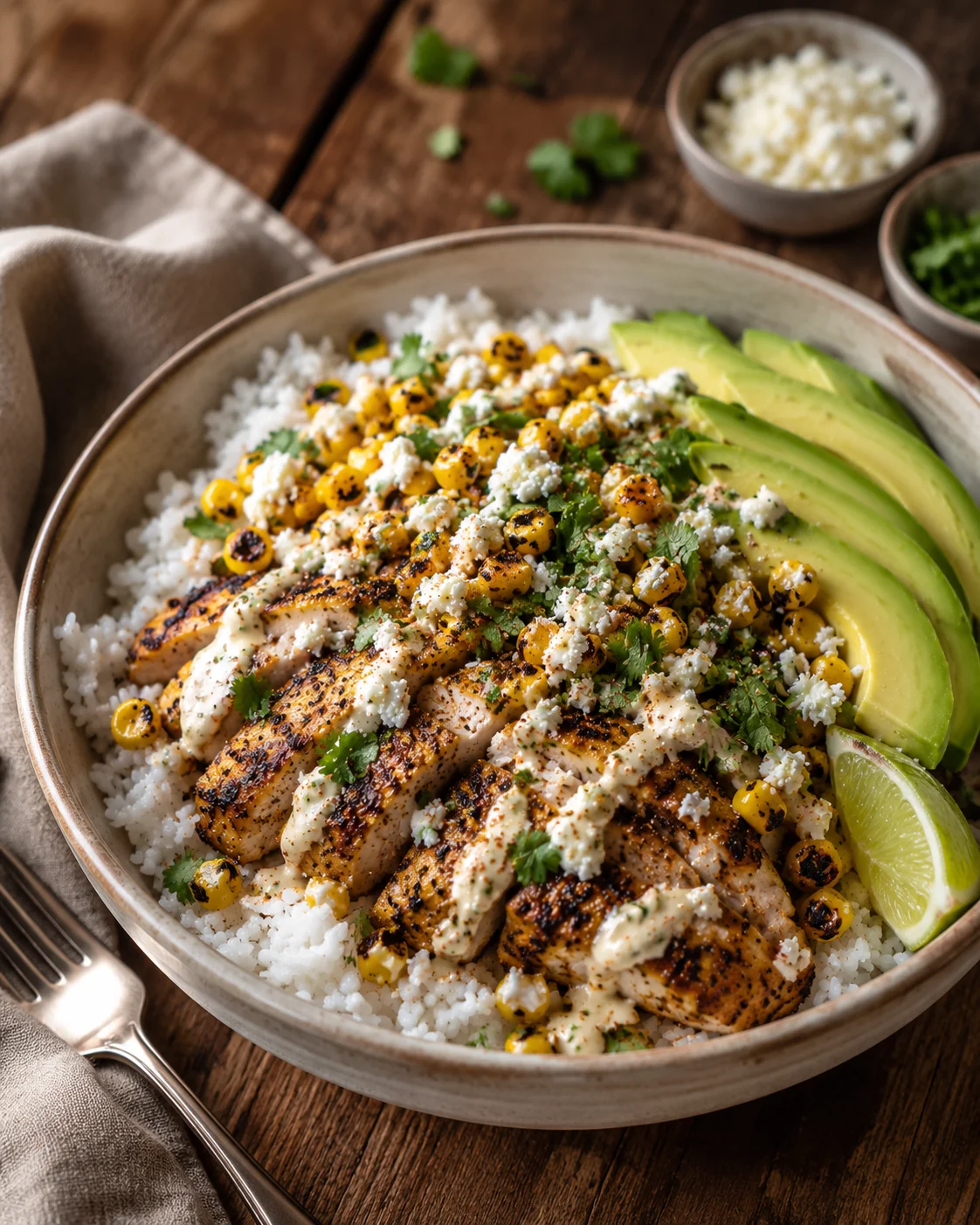 Delicious chicken rice bowl topped with charred corn, lime crema, and cheese