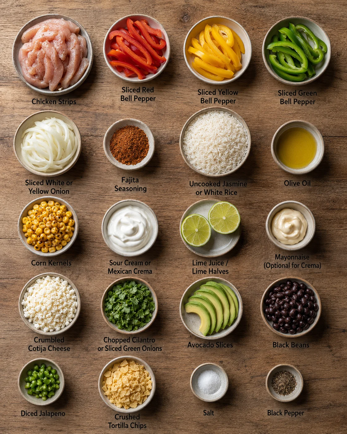 Colorful ingredients for street corn chicken rice bowl on a wooden surface