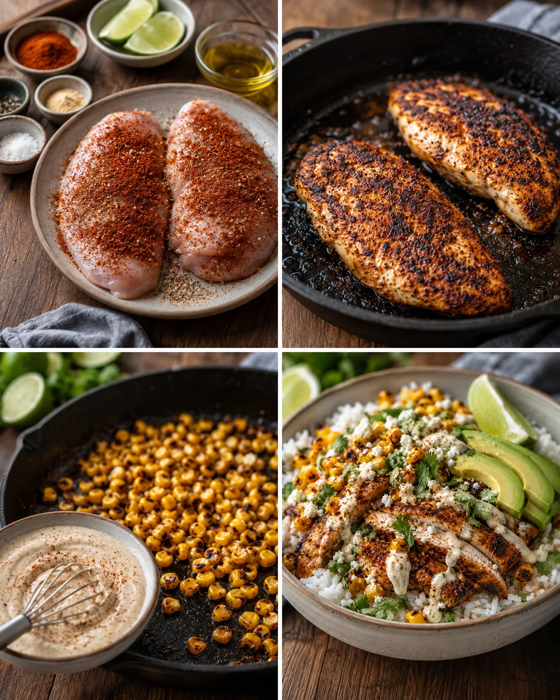 Delicious grilled chicken and charred corn with lime crema and rice