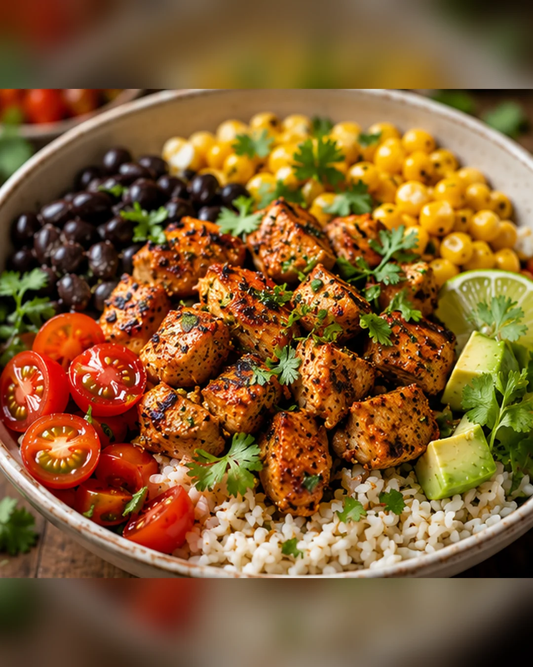 Colorful bowl with seasoned chicken, rice, beans, corn, and fresh toppings.