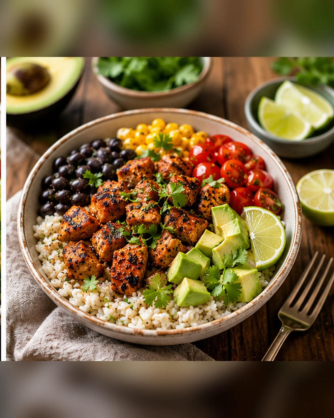 Colorful chicken rice bowls with fresh vegetables and lime wedges.