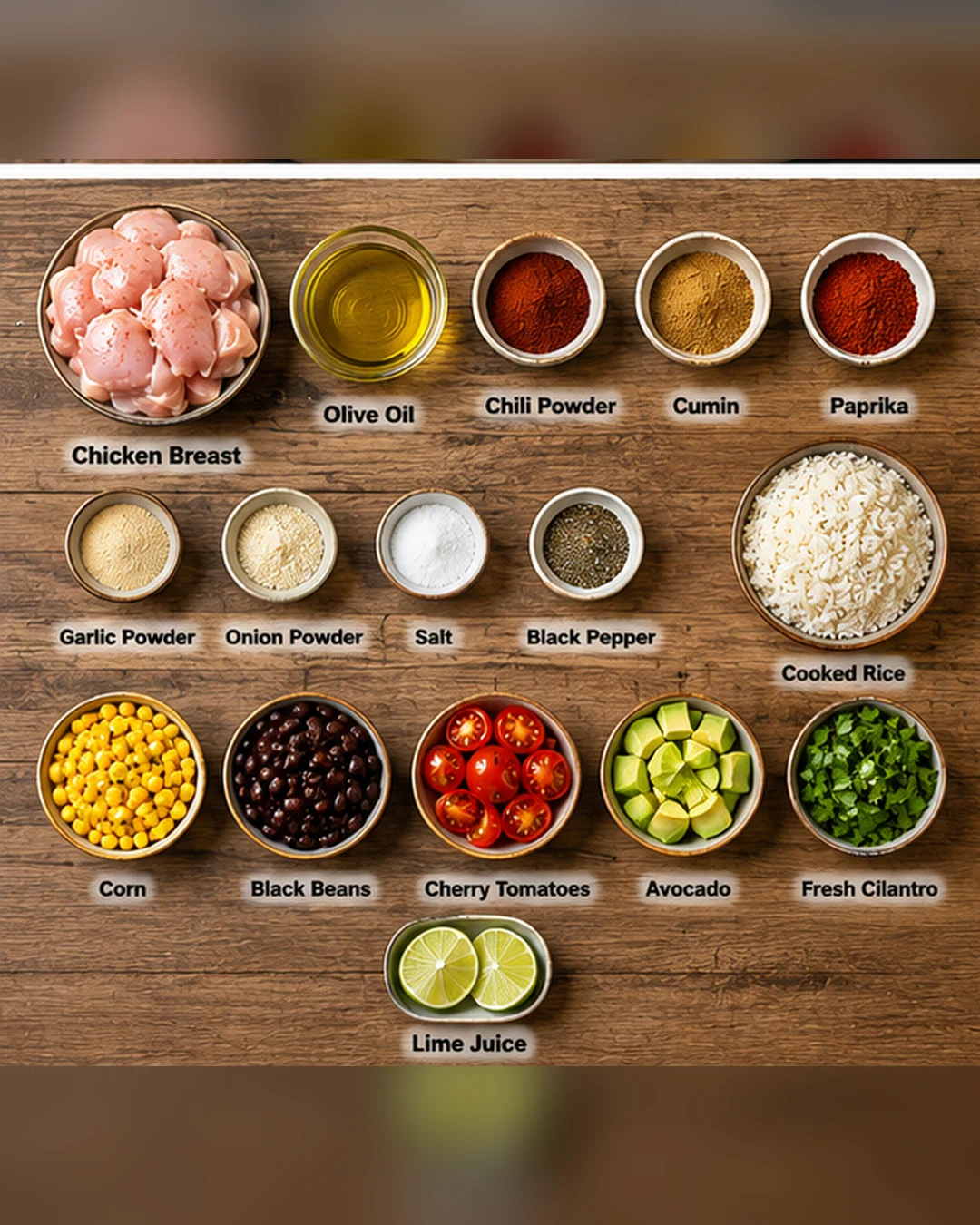 Ingredients for flavorful southwest chicken rice bowls on a rustic wooden surface.