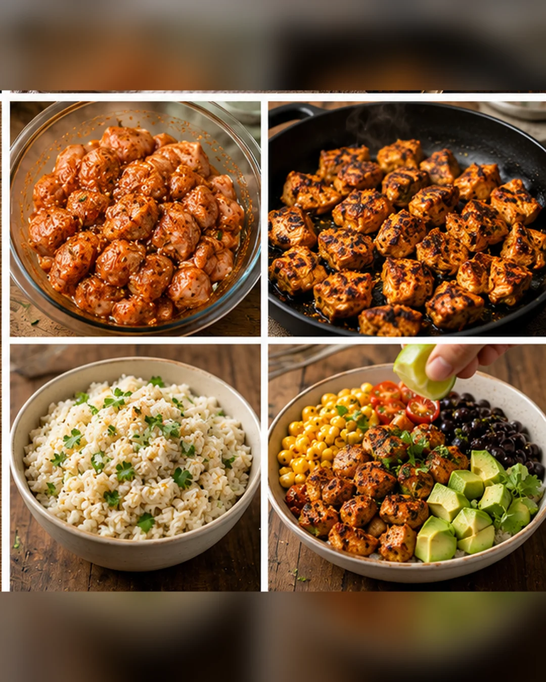 Progression of preparing vibrant southwest chicken rice bowls with seasoned chicken, rice, and toppings.