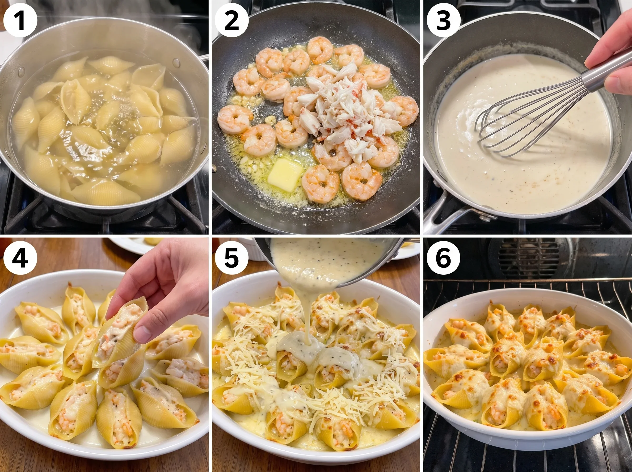 Step-by-step process of making seafood stuffed shells with creamy sauce.