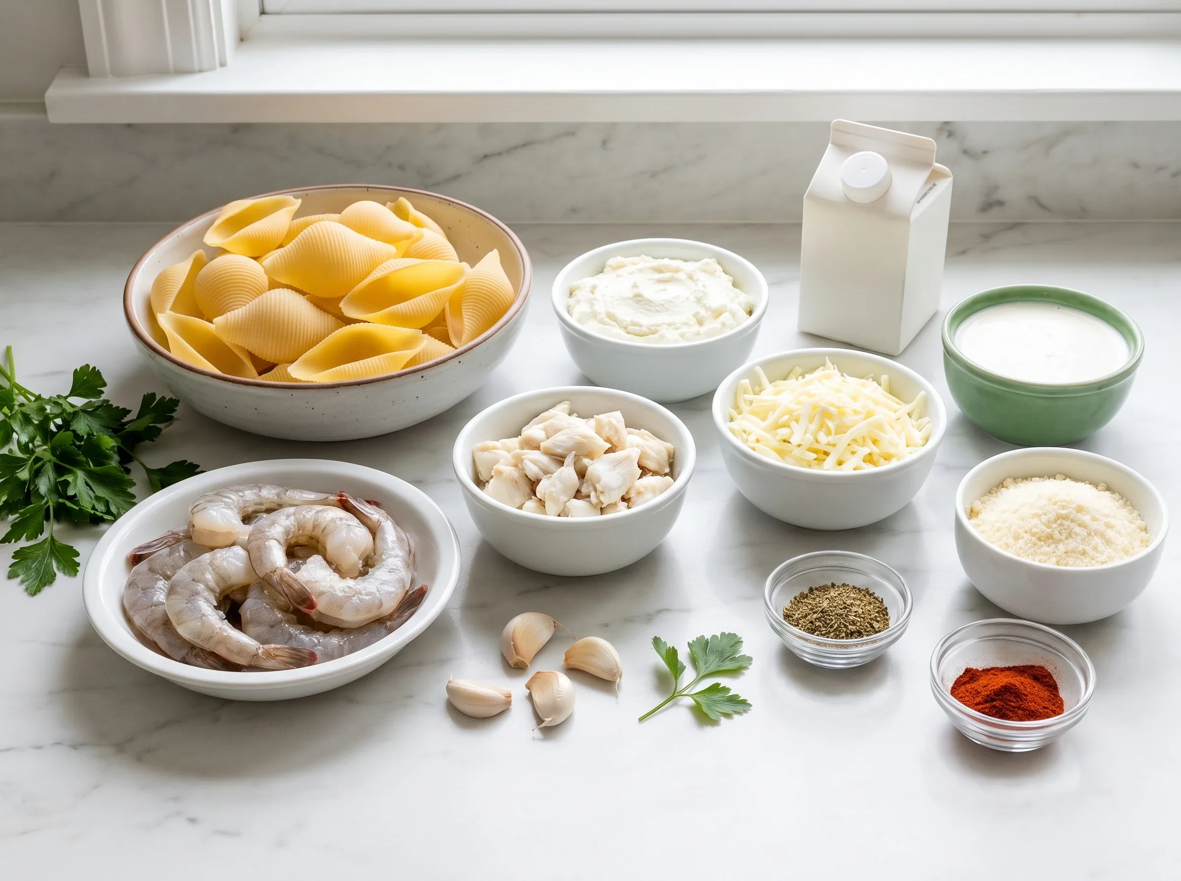 Ingredients for seafood stuffed shells, including pasta, seafood, cheeses, and spices, on a kitchen counter.