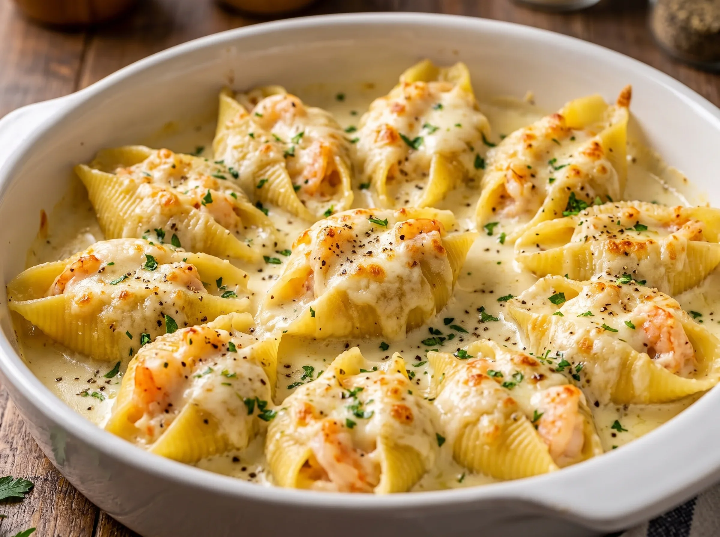 Baked seafood stuffed pasta shells topped with cheese and garlic sauce in a white dish.