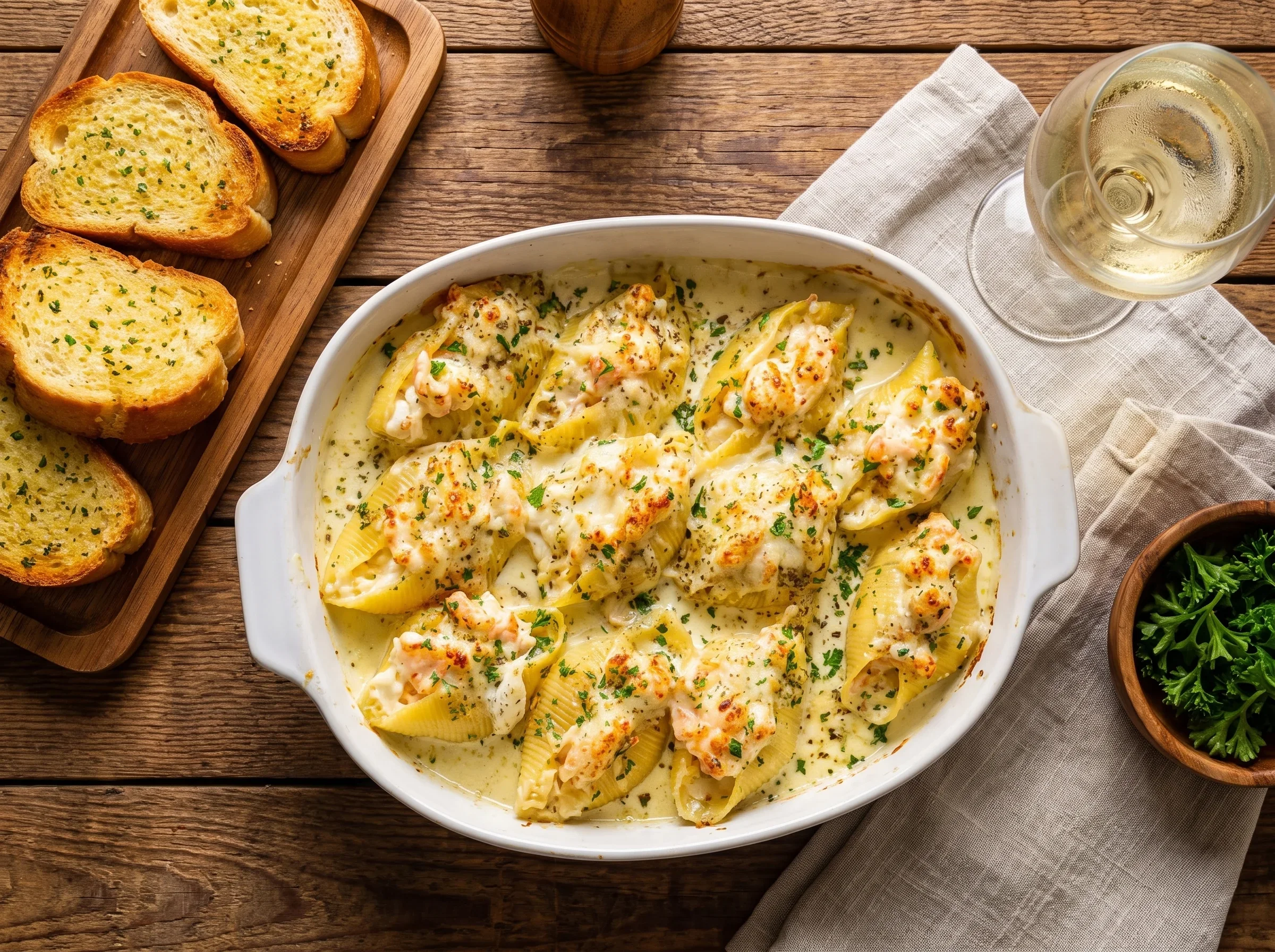 Creamy baked seafood stuffed pasta shells with garlic sauce served with garlic bread and wine