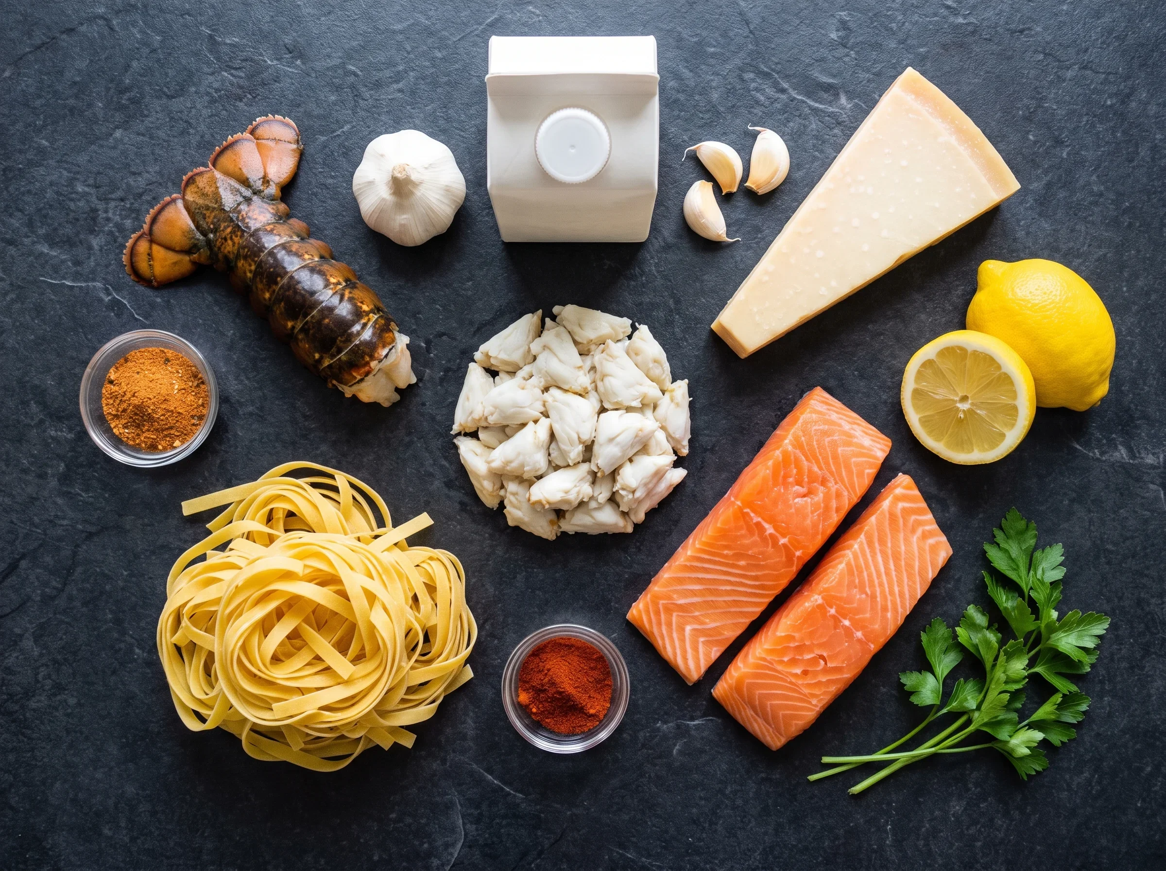 Fresh Ingredients for Cajun Seafood Alfredo Lobster, crab, salmon, garlic, cheese, lemon, and herbs on a dark surface