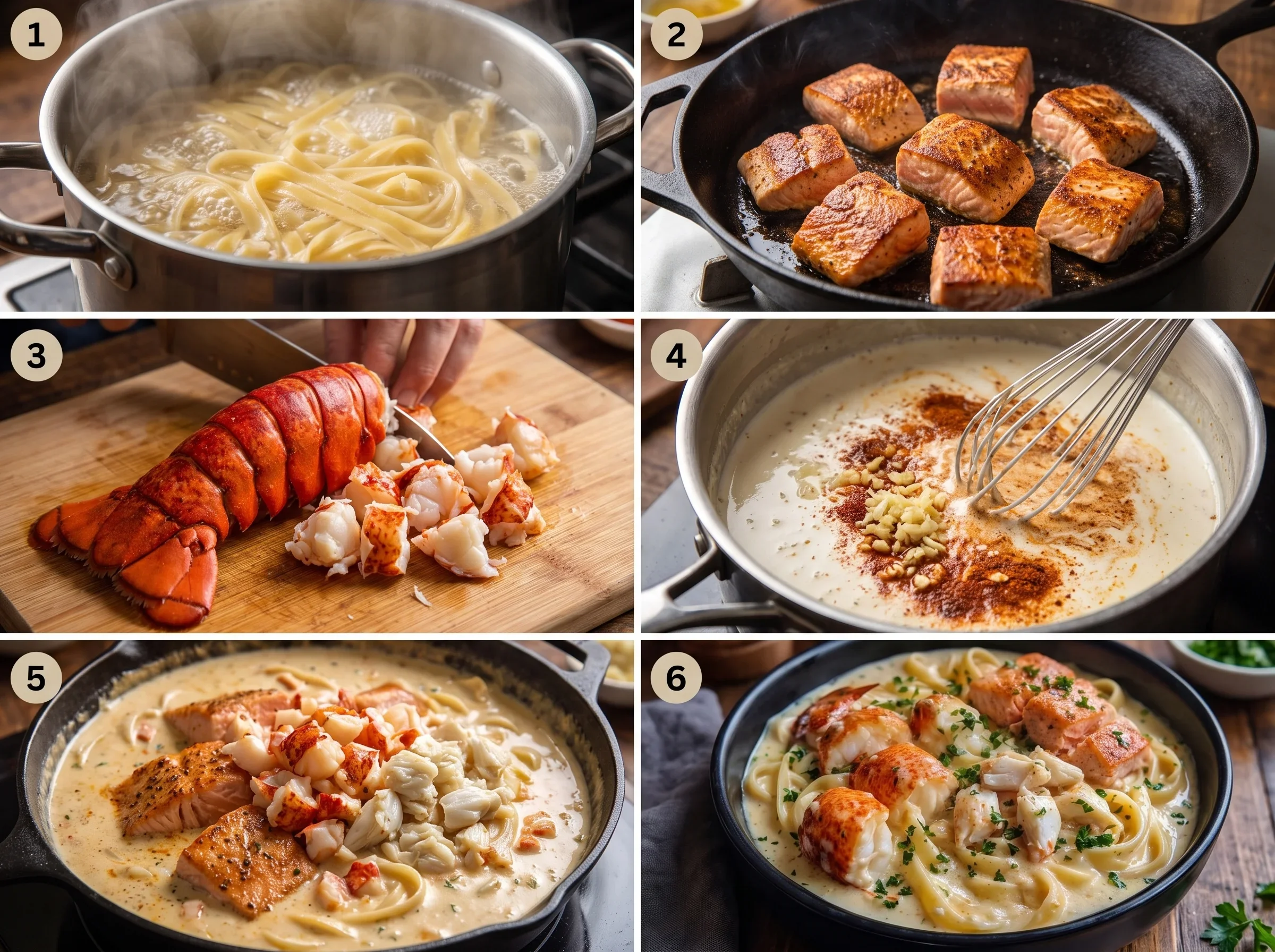 Cajun Seafood Alfredo with Lobster Delicious Cajun seafood Alfredo with lobster, crab, and salmon in creamy sauce.