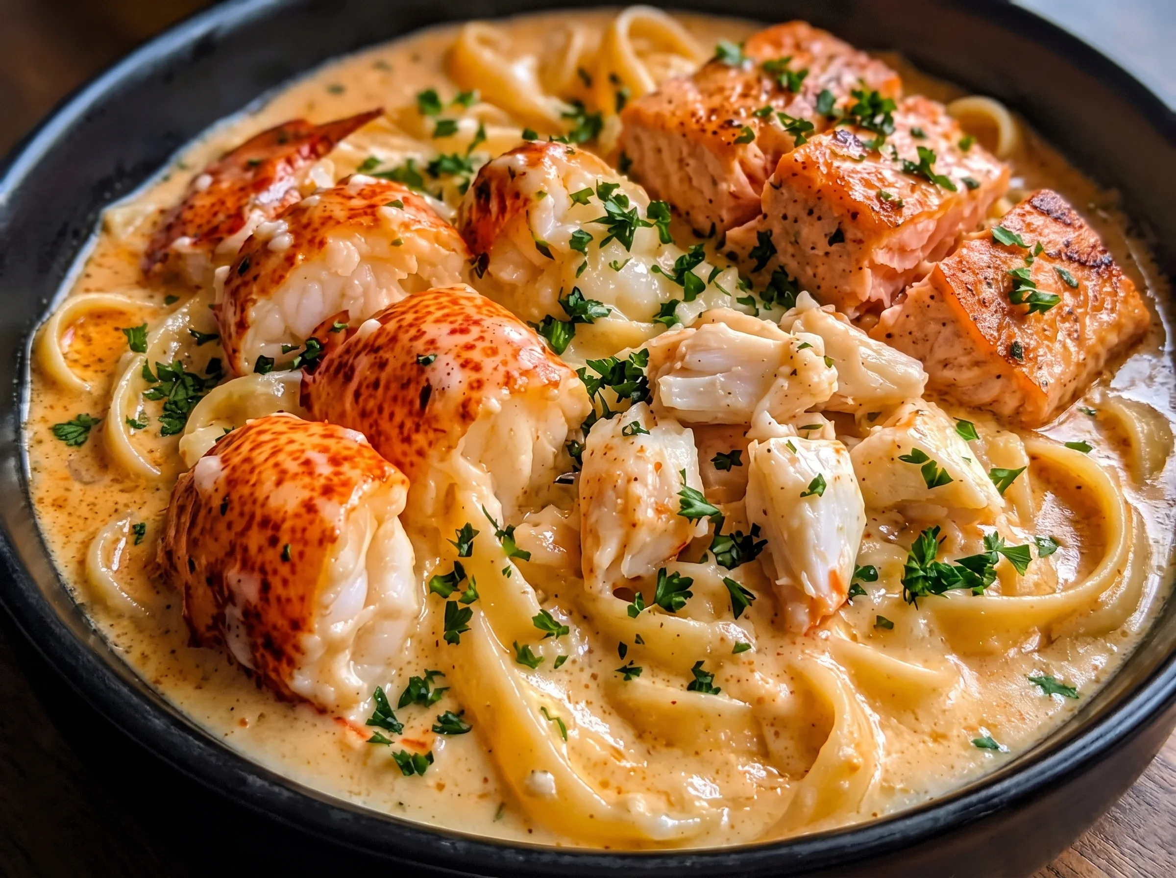 Delicious Cajun seafood Alfredo with lobster, crab, and salmon in a creamy sauce.