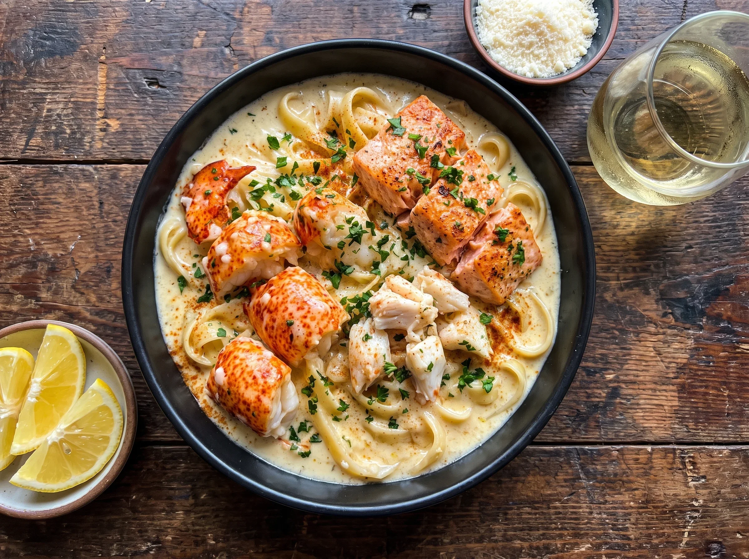 Cajun Seafood Alfredo with Lobster and Salmon Creamy Cajun seafood Alfredo with lobster, crab, and salmon in a black bowl on wooden table