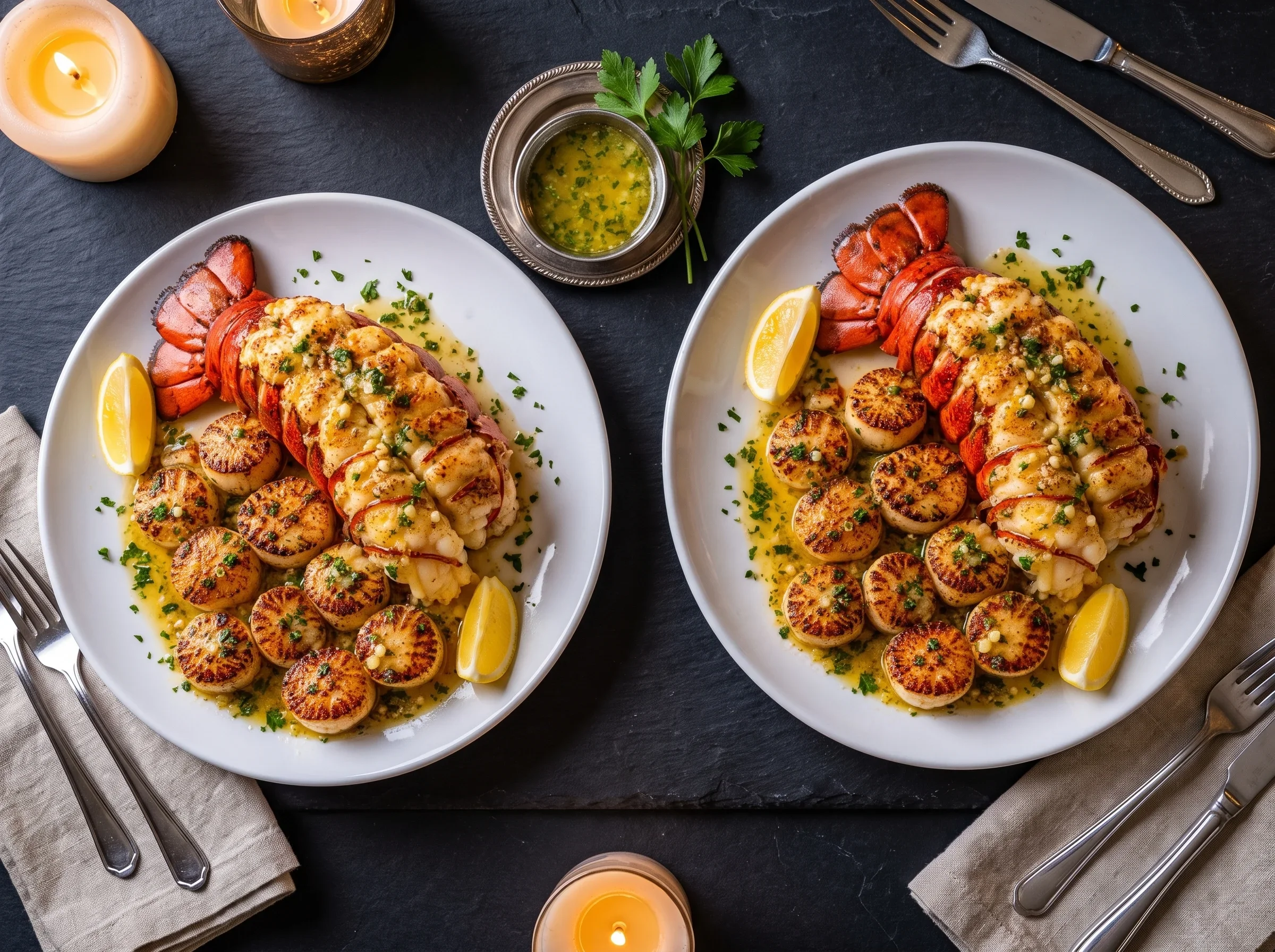 Two plates of lobster tails and scallops garnished with lemon wedges and herbs.