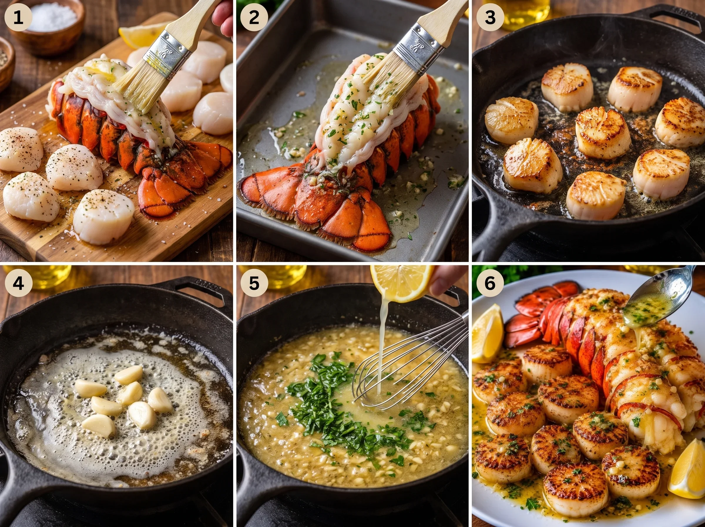 Preparation steps for roasted lobster tail and pan-seared scallops dish.