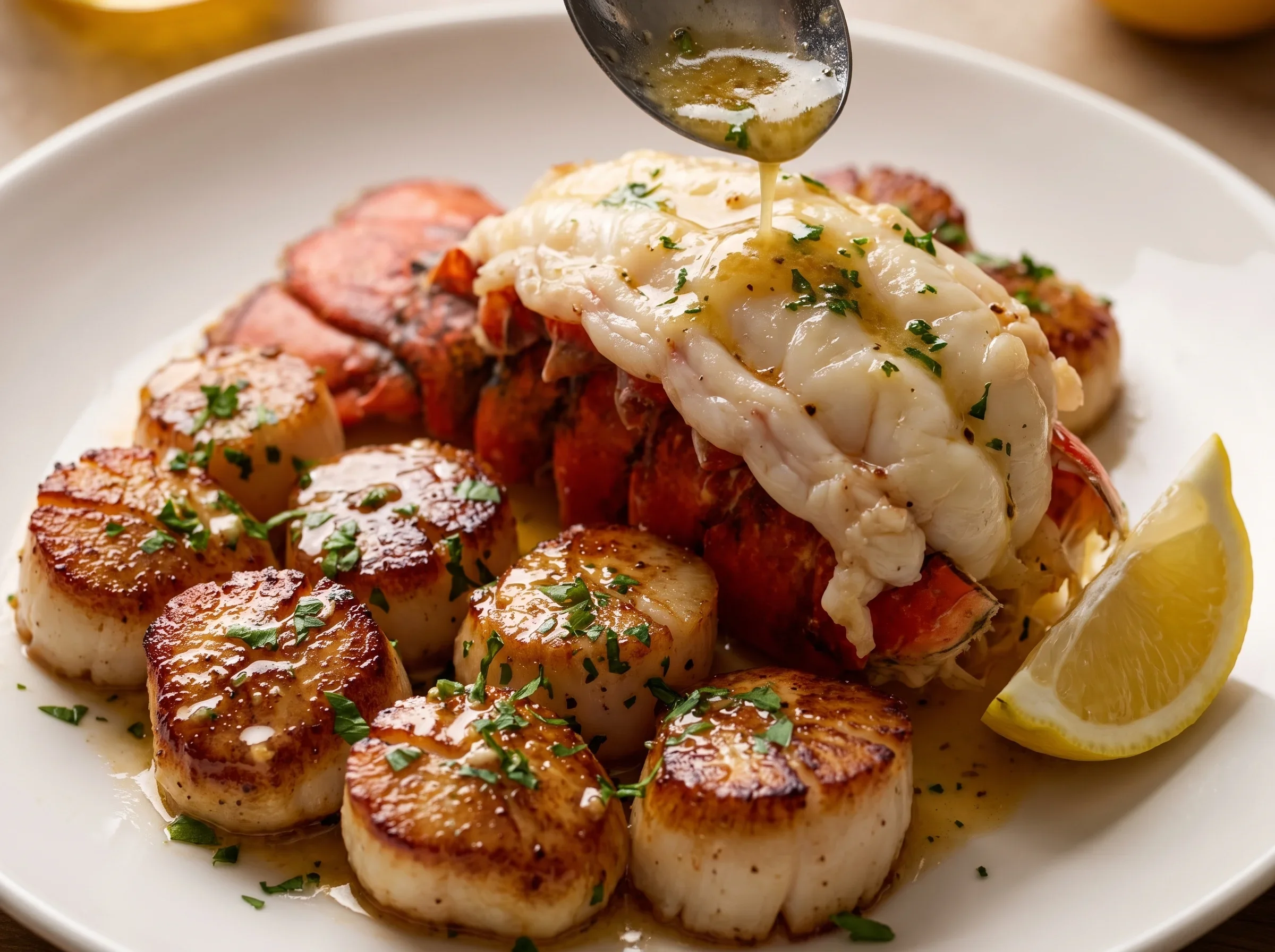 Delicious seafood platter with roasted lobster tail and seared scallops topped with lemon butter