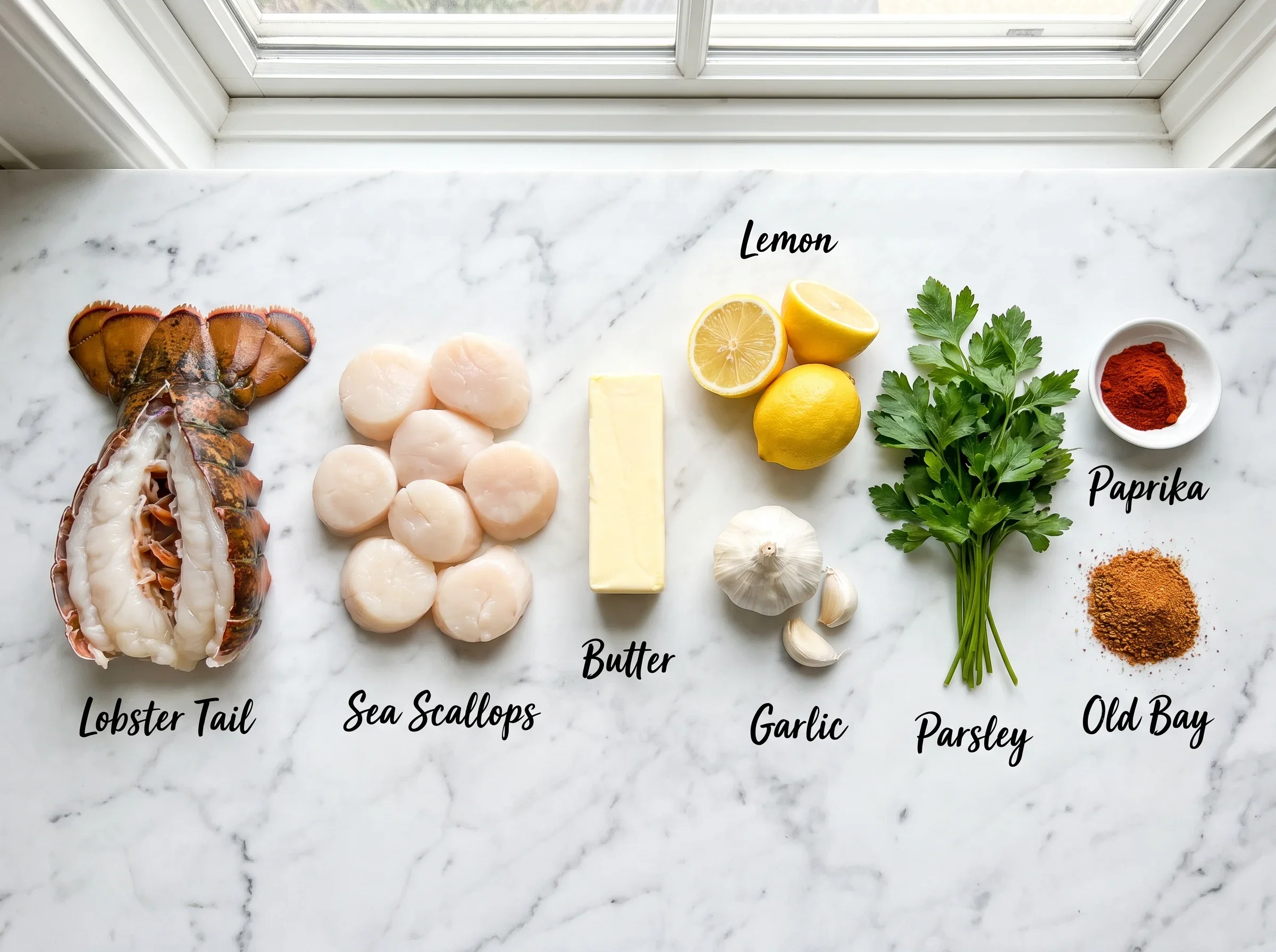 Image of lobster tail, scallops, garlic, lemon, parsley, and spices on marble surface