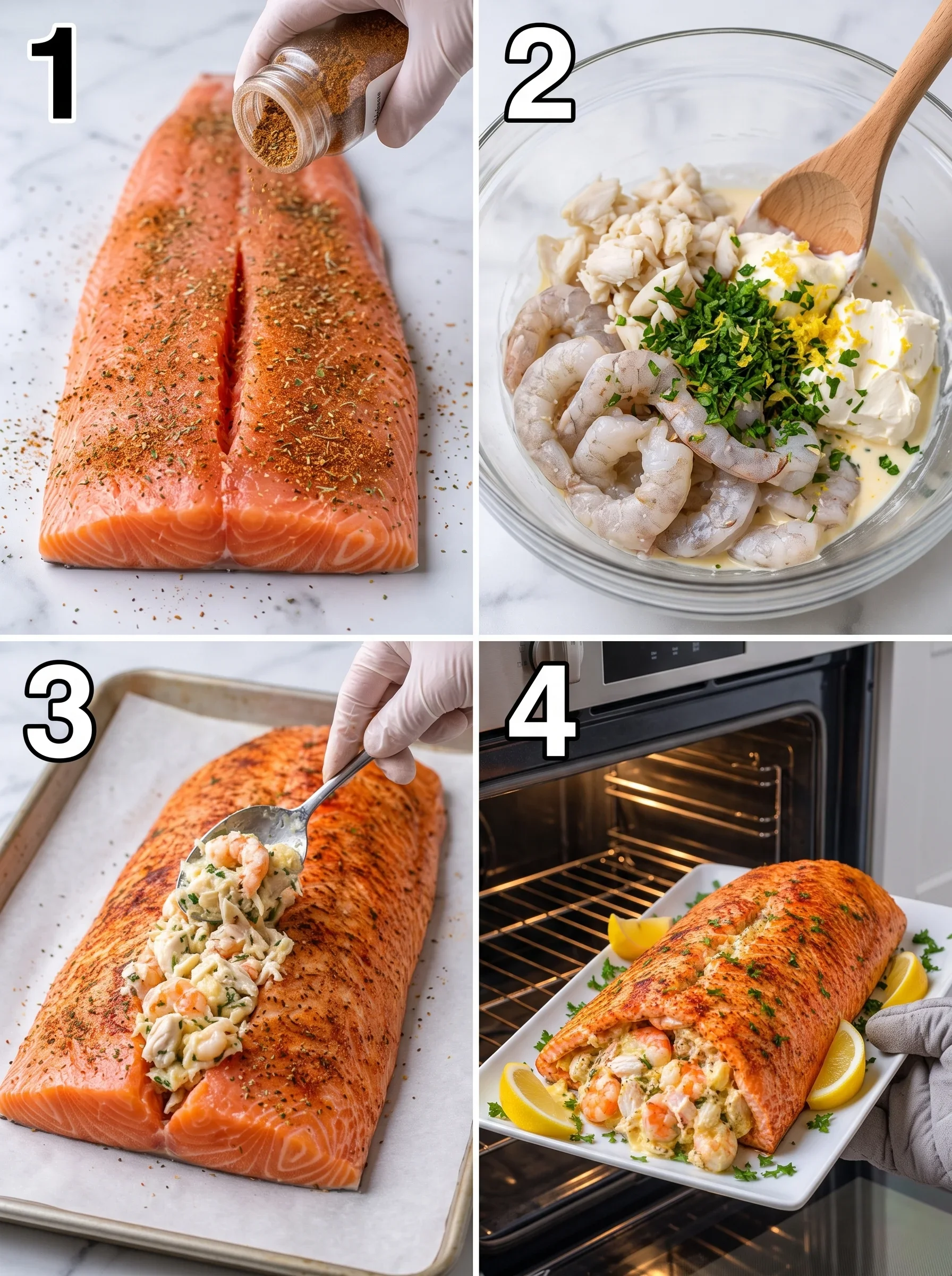 Crab and Shrimp Stuffed Salmon Fillet Delicious oven-baked salmon filled with crab, shrimp, and creamy seasonings.