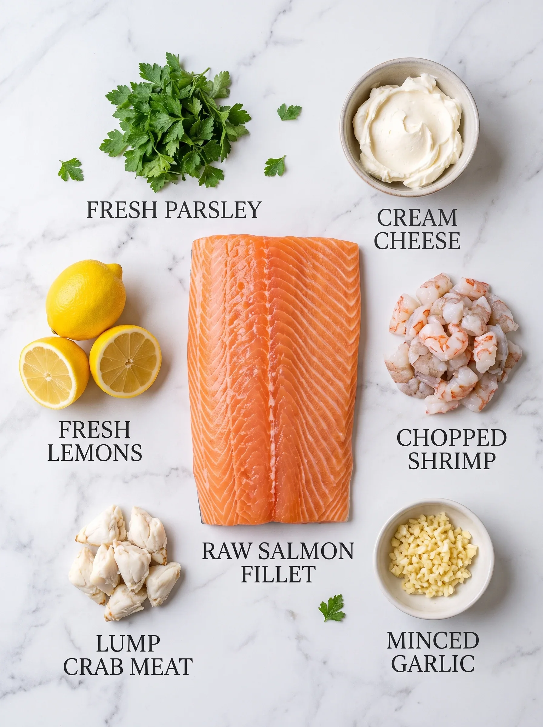 Crab and Shrimp Stuffed Salmon Fresh salmon fillet filled with crab, shrimp, and creamy cheese mixture ready to bake.
