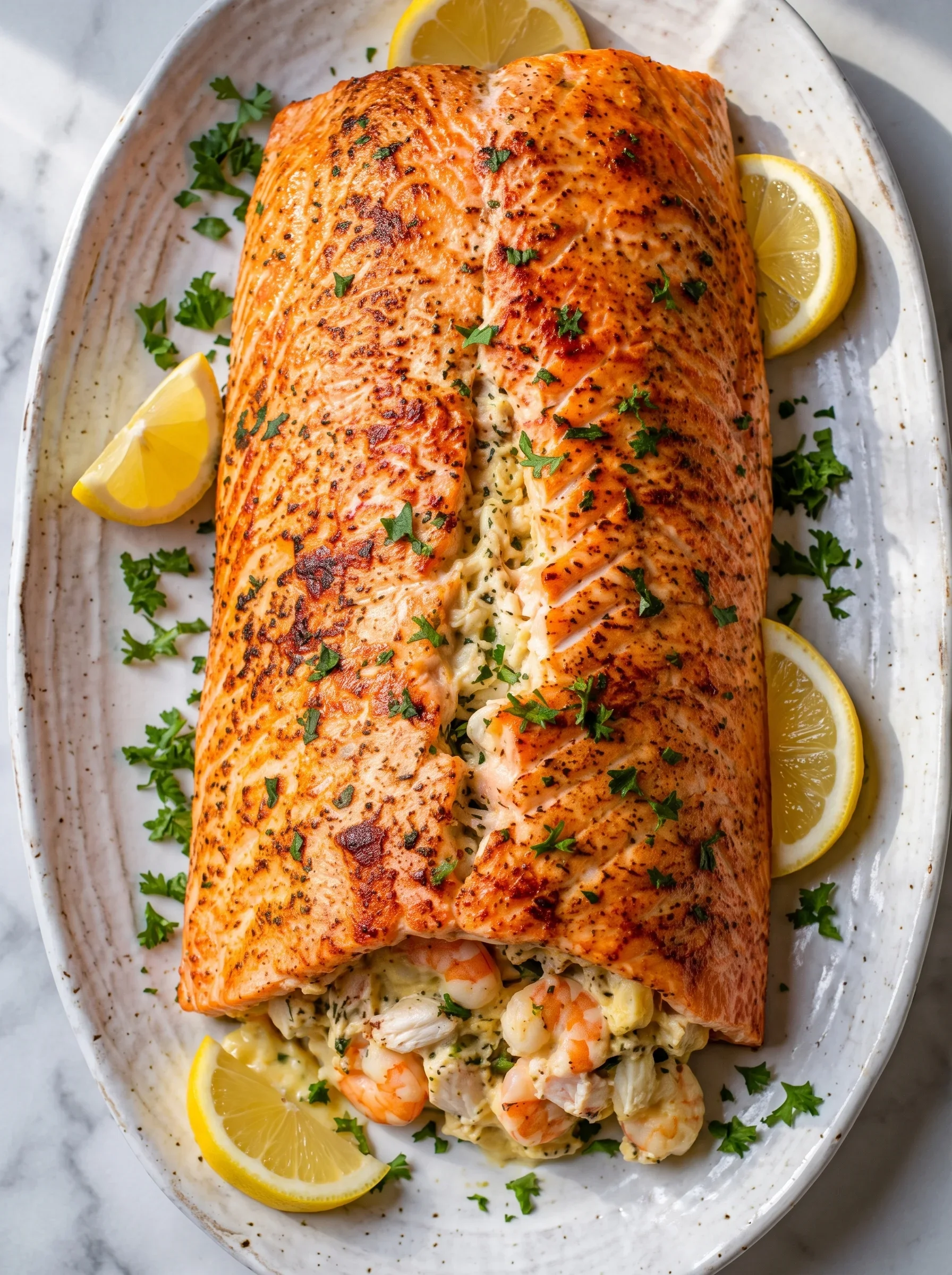Crab and Shrimp Stuffed Salmon Oven-baked salmon filled with a creamy crab and shrimp mixture, garnished with lemon slices.